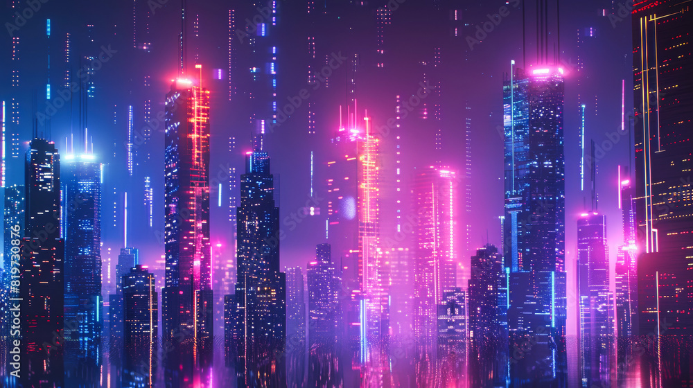 A digital cityscape with holographic elements and circuit patterns A digital cityscape with holographic elements and circuit patterns