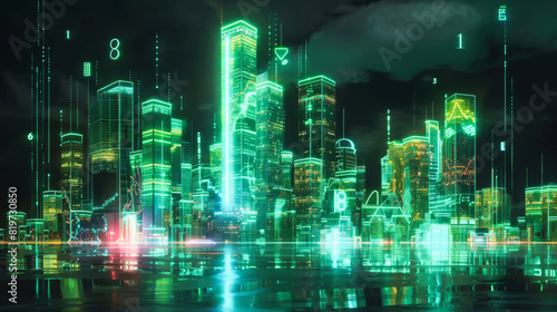 A digital cityscape with holographic elements and circuit patterns