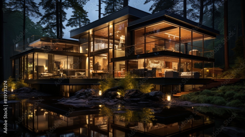a house with a lot of windows and a pool with water in the foreground a house with a lot of windows and a pool with water in the foreground