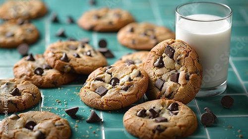   Chocolate chip cookies sit beside a glass of milk on a blue countertop, with chocolate chips strewn about the cookies photo