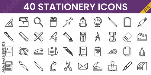 40 stationery icons in line style including pen, pencil, ruller, glue, cutter, scissor, sharpener, etc. For school and student