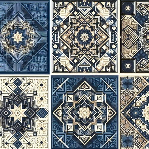 Seamless geometric patterns set. Seamless oriental geometric patterns set in blue Illustrations vector Generative Ai