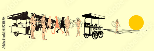 Hand sketch illustration of a food seller with a cart on the beach with a woman in a bikini on the beach