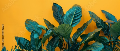 Tropical leaves in dark and bluishgreen against a bright yellow backdrop, creating a unique and lively visual contrast photo