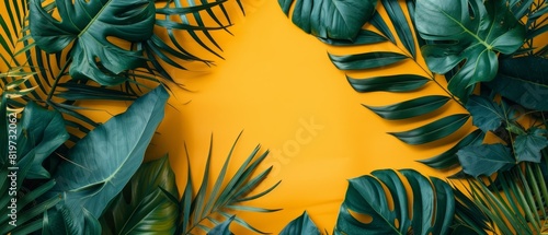 Variety of tropical leaves in dark green and bluishgreen against a bright yellow background, showcasing clear details and a vibrant appearance photo