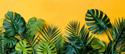 Variety of large tropical leaves in dark green and bluishgreen arranged against a bright yellow background  creating a vibrant and lively image