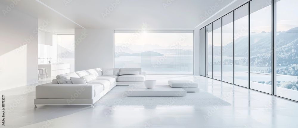 White minimalist living area with large windows