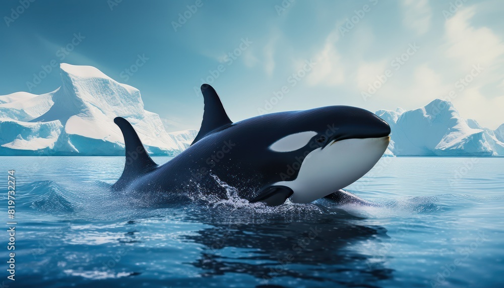 Fototapeta premium Groups of Orcas or killer whales swim and hunt for prey, the top of the food chain in a sea of ​​ice floes