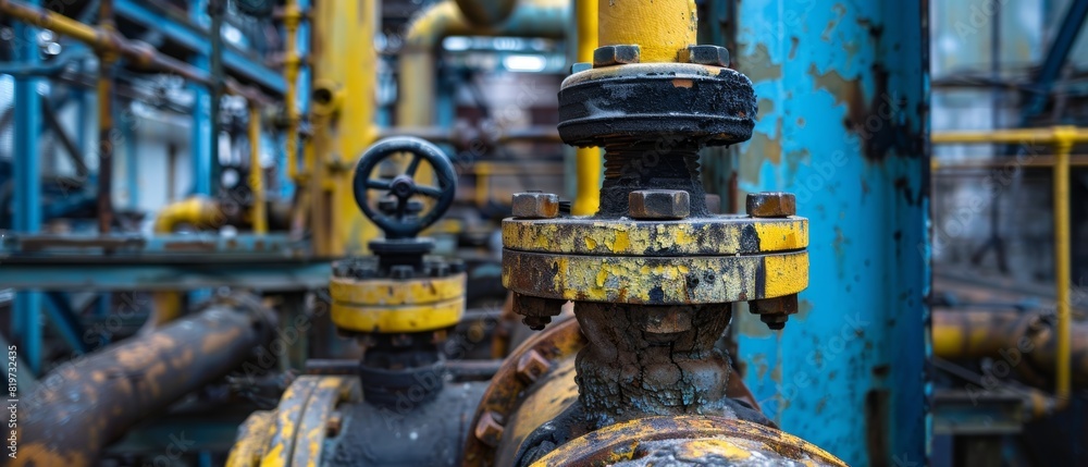 Aging pipe system with two valves, one black and one yellow, set against a backdrop of a factorys blue and rusty steel frame, conveying an old industrial atmosphere Aging pipe system with two valves, one black and one yellow, set against a backdrop of a factorys blue and rusty steel frame, conveying an old industrial atmosphere