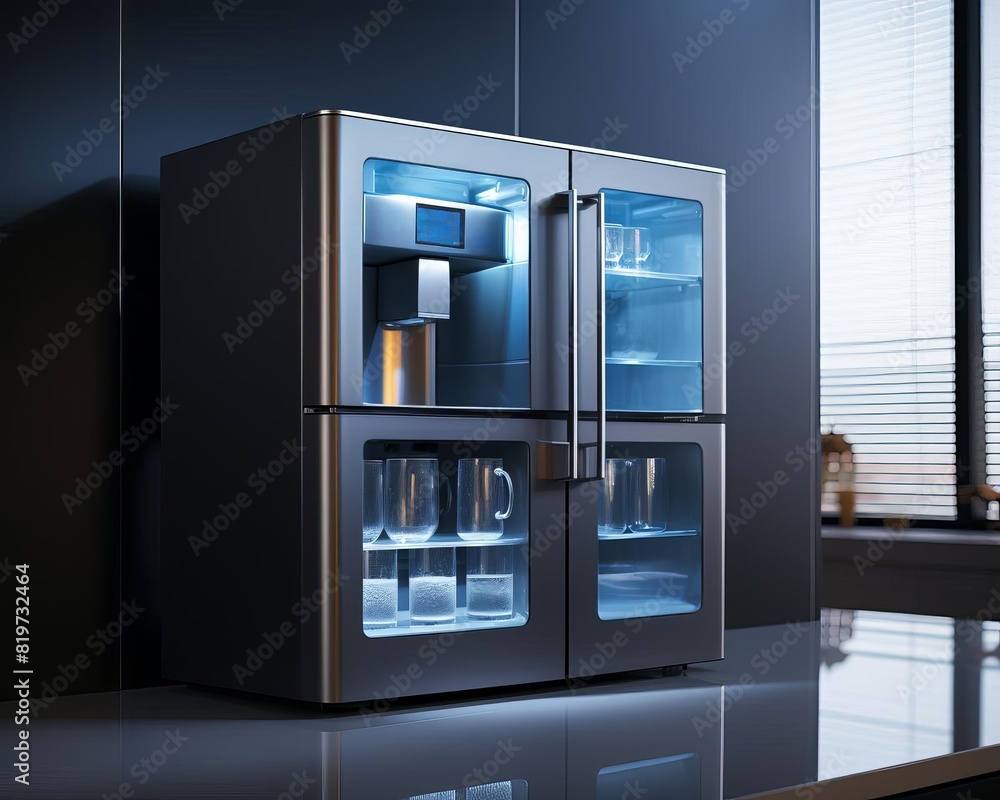 Fototapeta premium Smart refrigerator with touch screen interface theme, side view, highlighting advanced food storage, digital tone, Complementary Color Scheme