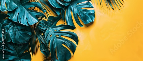 Arrangement of large tropical leaves in dark and bluishgreen on a bright yellow background, making the image pop with life and detail photo