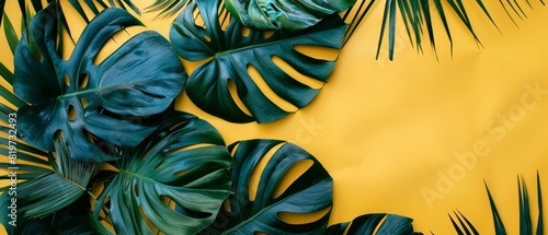 Arrangement of various large tropical leaves in dark and bluishgreen on a bright yellow background, emphasizing their clear details and vibrant look photo