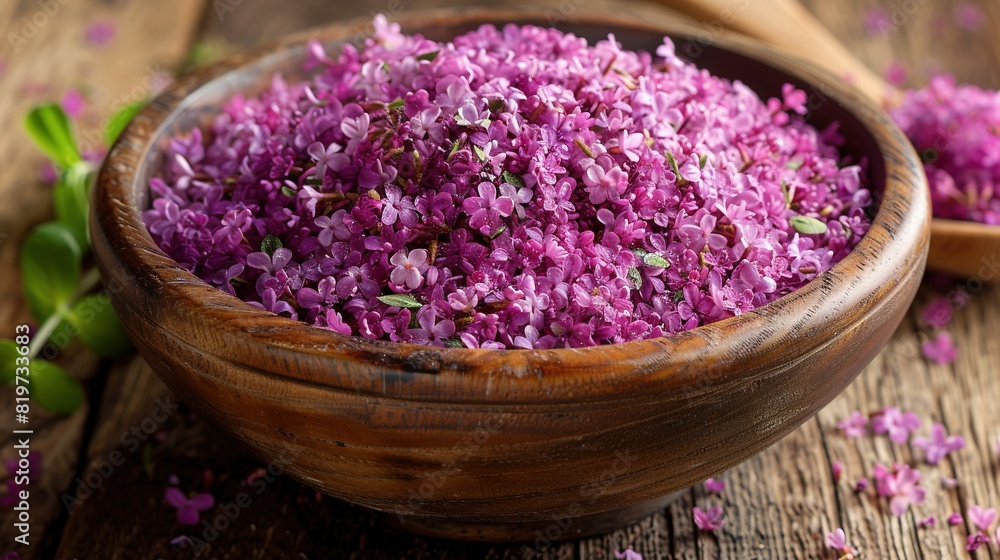 A bowl of purple sprinkles sits atop a wooden table, nestled beside a wooden spoon A bowl of purple sprinkles sits atop a wooden table, nestled beside a wooden spoon