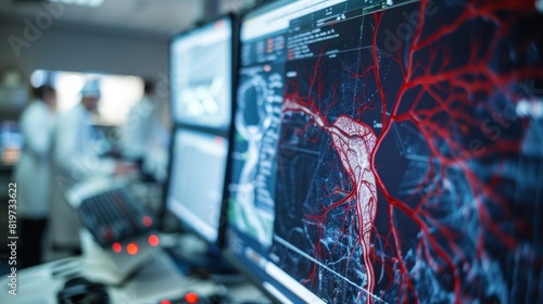 Radiologists work to diagnose and treat virtual human vascular disease on a modern screen interface. photo