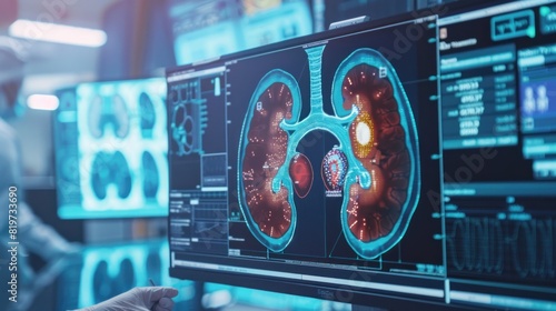 Radiologists work to diagnose and treat virtual human kidneys on a modern screen interface.