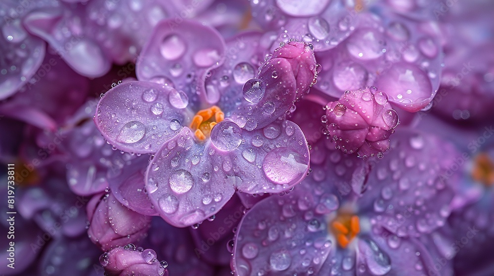 A zoomed-in view of a purple flower's petals, adorned with multiple water droplets that surround a yellow center A zoomed-in view of a purple flower's petals, adorned with multiple water droplets that surround a yellow center