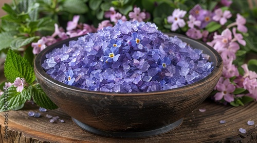   A bowl brimming with lilac blossoms rests on a wooden table  surrounded by a mound of leaves and petals