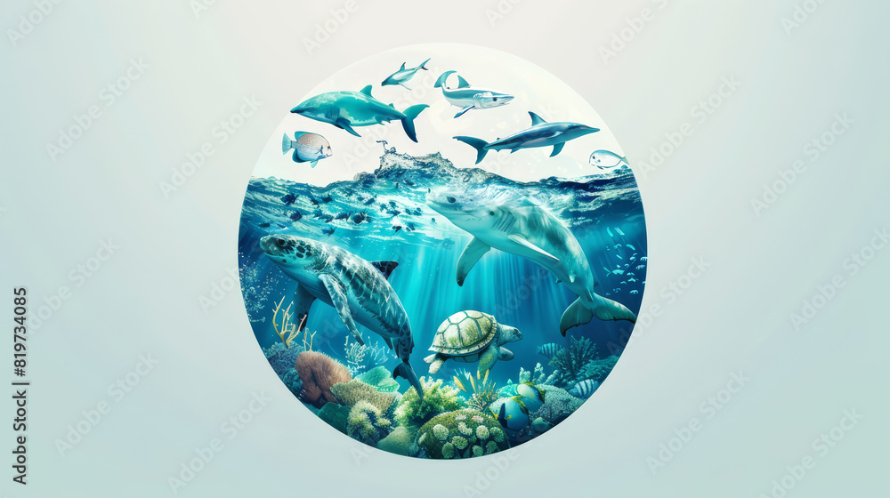 Earth with the underwater sea world with different fish, other sea inhabitants, corals. Ecosystem. Ocean cleaning and protection, ecology awareness concept. World oceans day Earth with the underwater sea world with different fish, other sea inhabitants, corals. Ecosystem. Ocean cleaning and protection, ecology awareness concept. World oceans day