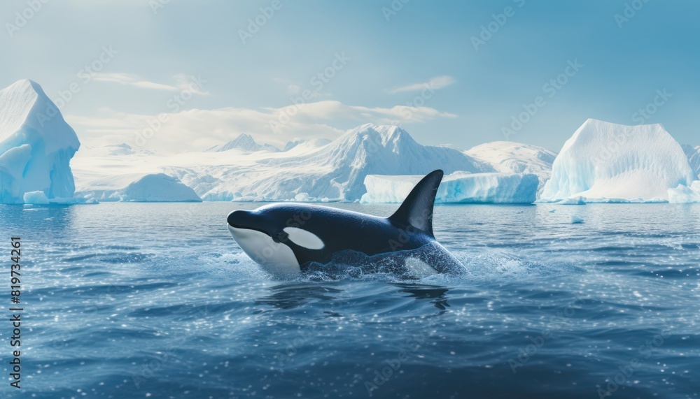 Fototapeta premium Groups of Orcas or killer whales swim and hunt for prey, the top of the food chain in a sea of ​​ice floes