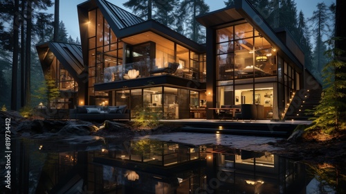 a house with a lot of windows and a pool with water in the foreground