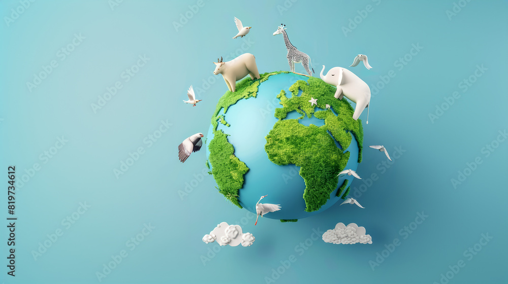 World Wildlife Day. 3D rendering of Earth with different wild animals and birds. Eco-friendly, connection to nature. Environment protection, ecology awareness concept. World Wildlife Day. 3D rendering of Earth with different wild animals and birds. Eco-friendly, connection to nature. Environment protection, ecology awareness concept.