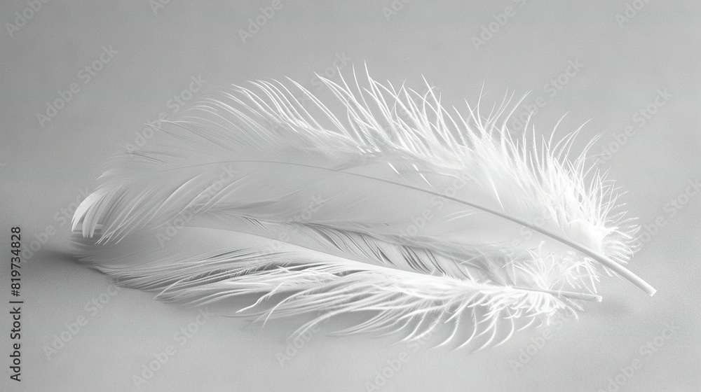 A monochrome picture featuring a feather against a white backdrop, with its reflection mirrored to the left A monochrome picture featuring a feather against a white backdrop, with its reflection mirrored to the left