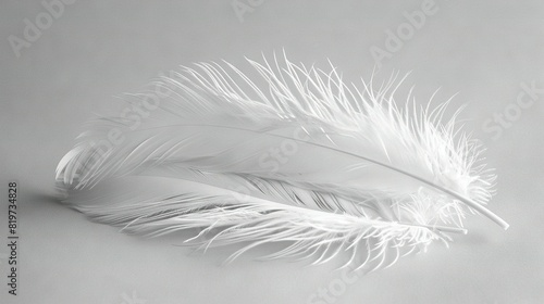   A monochrome picture featuring a feather against a white backdrop  with its reflection mirrored to the left