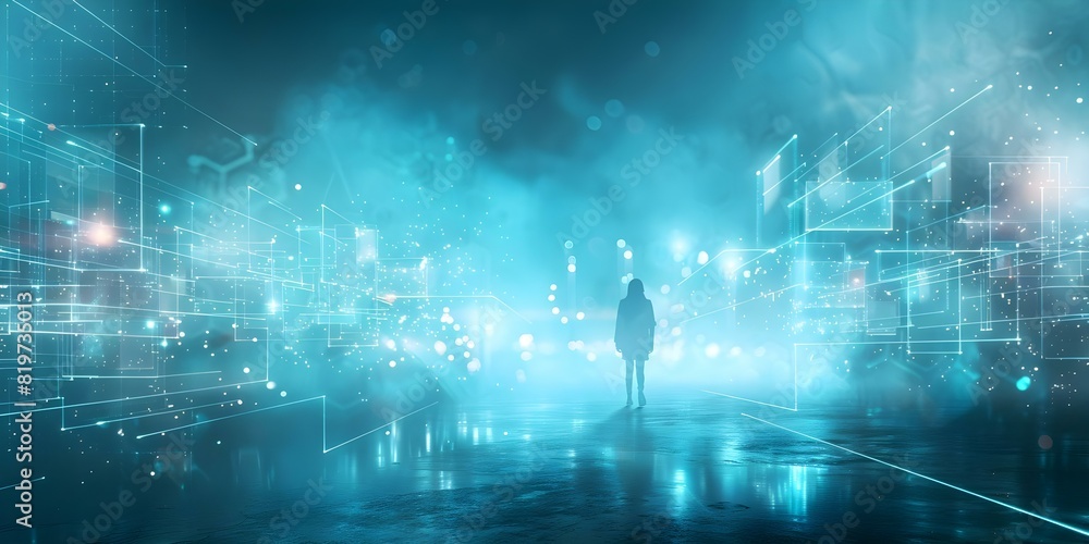 Lonely figure surrounded by glowing screens in dark space symbolizing modern isolation. Concept Loneliness, Technology Addiction, Digital Detox, Modern Isolation, Glow of Screens