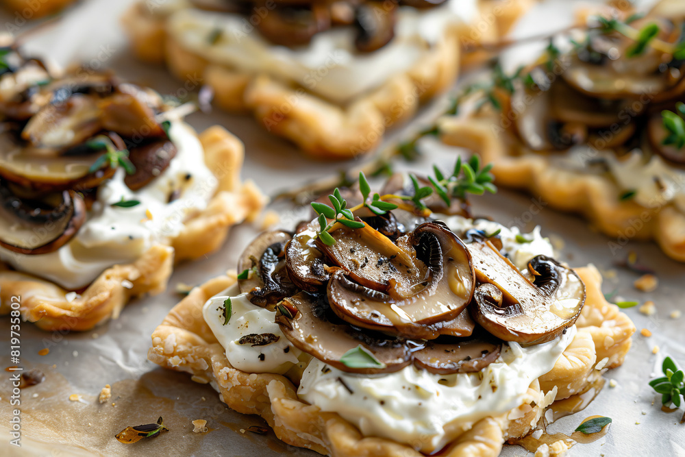 Mushroom julienne with quail egg and cheese in a puff pastry basket.
