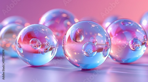   A set of shimmering glass orbs atop a white and pink backdrop with water droplets splattered around them © Shanti