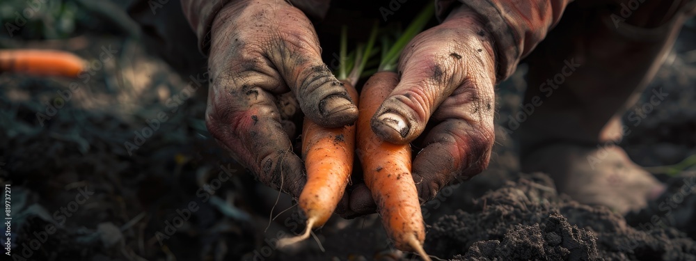 a farmer harvests carrots. Selective focus a farmer harvests carrots. Selective focus