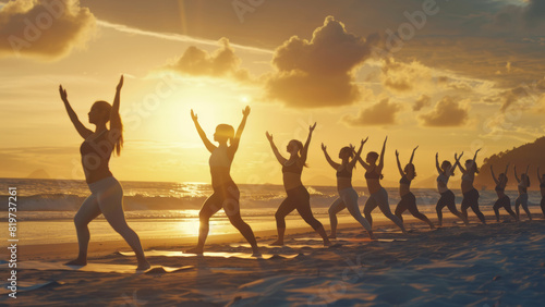 Silhouettes strike empowering yoga poses on a beach, harmonizing with the rhythm of sunset waves.