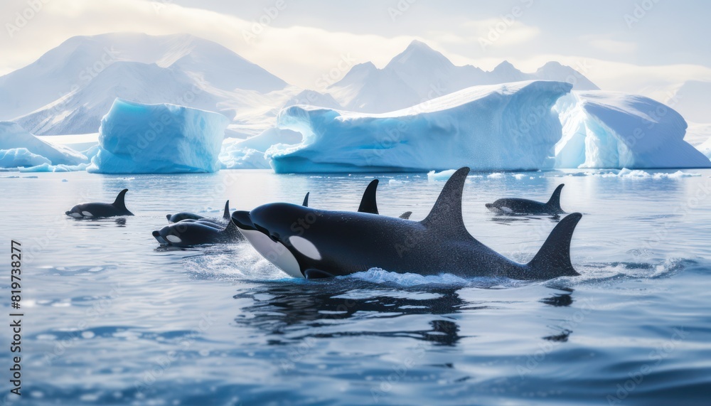 Fototapeta premium Groups of Orcas or killer whales swim and hunt for prey, the top of the food chain in a sea of ​​ice floes