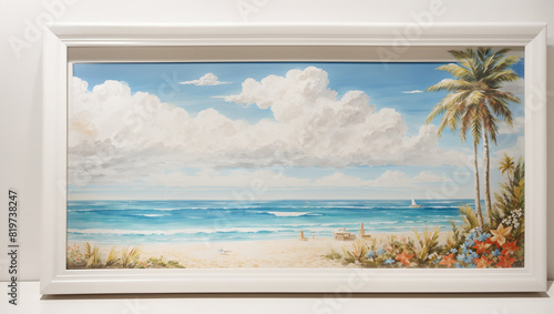 A framed painting of a beach scene with a sailboat in the distance.