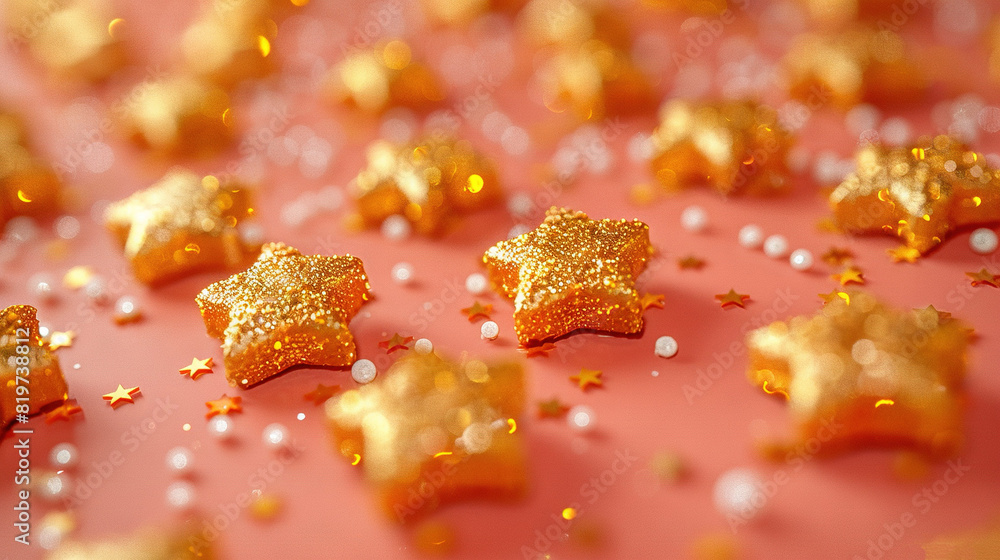 Group of Gold Stars on Pink Surface with White & Gold Confetti Group of Gold Stars on Pink Surface with White & Gold Confetti