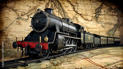 A rich composition of a classic model steam train on a background of an antique world map, evoking an age of exploration photo