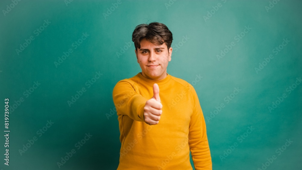Smiling man showing thumb up in green studio Smiling man showing thumb up in green studio