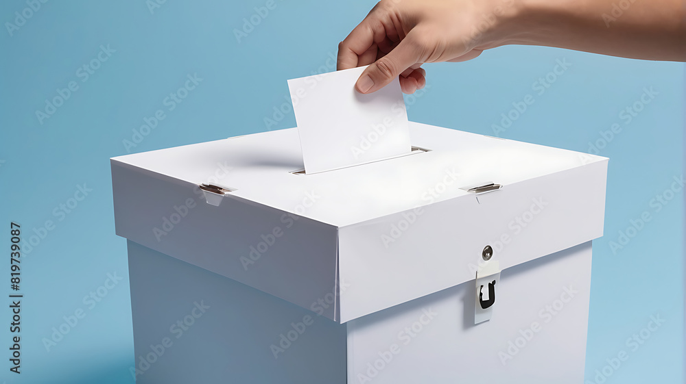 closeup of A hand putting a plain white ballot paper into a plain white ballot box on a blue plain isolated background with copy space
closeup of A hand putting a plain white ballot paper into a plain white ballot box on a blue plain isolated background with copy space