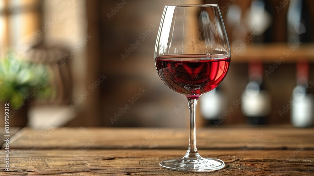 A glass of red wine sits atop a wooden table, beside an empty wine bottle and filled glass A glass of red wine sits atop a wooden table, beside an empty wine bottle and filled glass