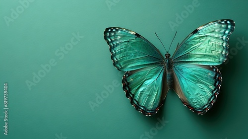  A giant emerald butterfly rests atop a green wall alongside a monochrome butterfly also perched on the same wall