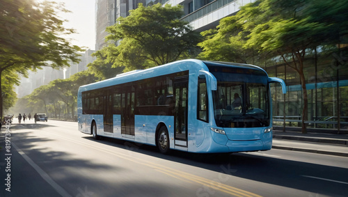 Electric blue bus driving in green city. Modern public transport, zero emission travel. Green energy