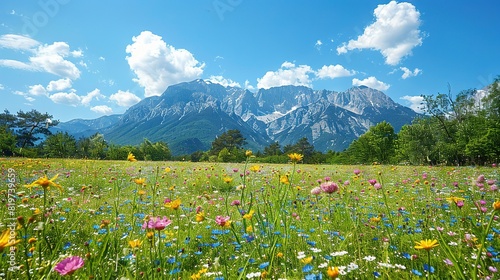   A field of wildflowers and daisies in front of a majestic mountain range with a clear blue sky and fluffy clouds