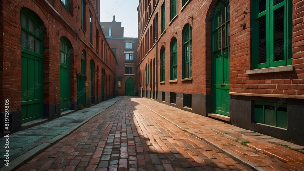 Fototapeta premium A narrow alley paved with bricks between historical red brick buildings in an urban setting