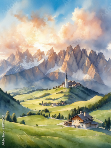 Watercolor scenic vertical landscape with mountains peaks and houses in a atmospheric sundown green valley inspared by Europe photo