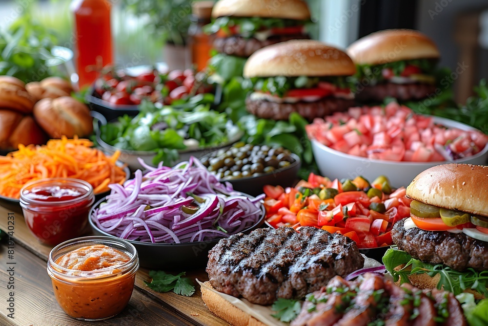 Burger Party table spread with a variety of burgers, sides, and condiments, set up for a burger-themed party