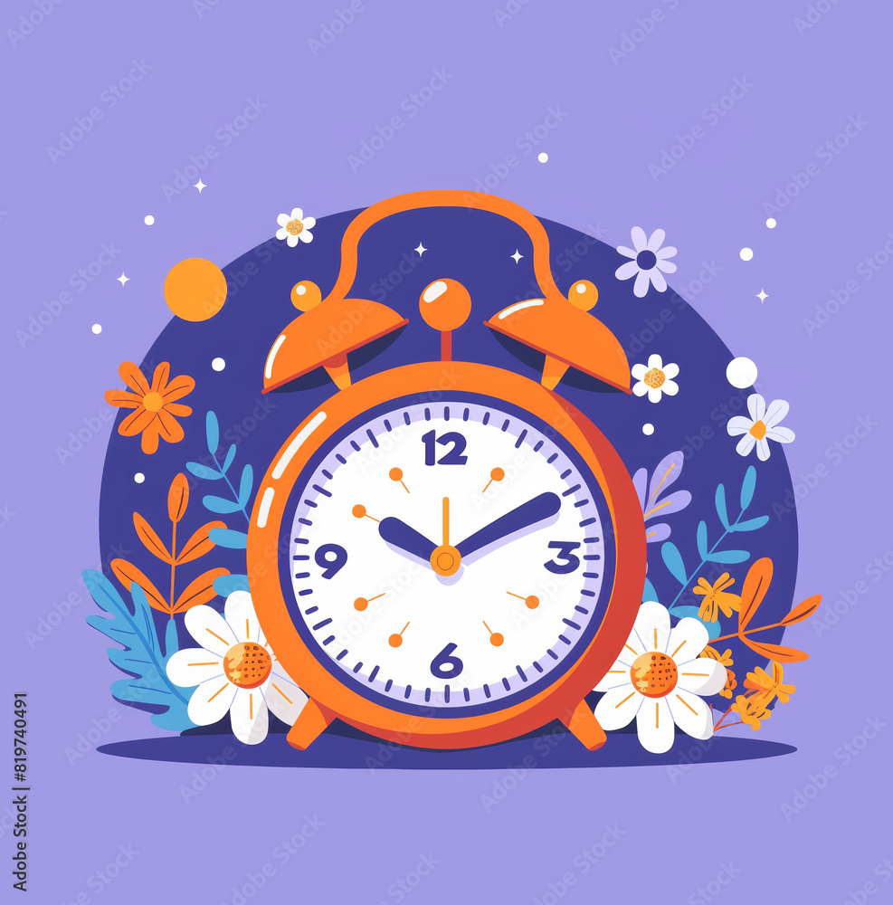 Flat illustration of an orange alarm clock with floral embellishments and a dark night-themed background Flat illustration of an orange alarm clock with floral embellishments and a dark night-themed background