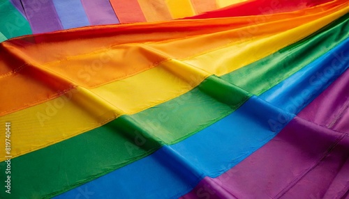 raised  shiny lgbt flag with bright colors  graphic  background close-up  pride month
