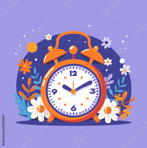 Flat illustration of an orange alarm clock with floral embellishments and a dark night-themed background