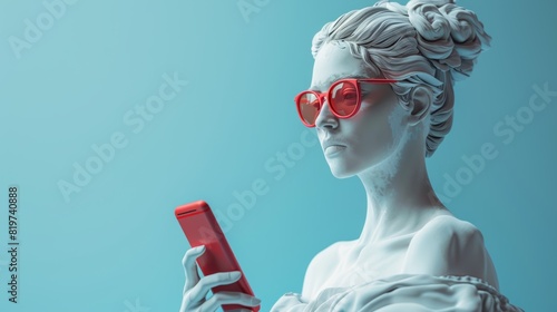 White marble sculpture of a woman with red sunglasses holding a red smartphone against a blue background