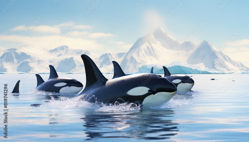 Fototapeta premium Groups of Orcas or killer whales swim and hunt for prey, the top of the food chain in a sea of ​​ice floes